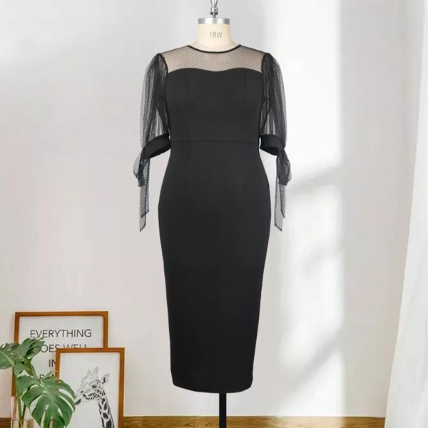 

plus size dresses elegance black long dress women tulle sleeve bow tie pencil 4xl 5xl large office birthday evening party outfits