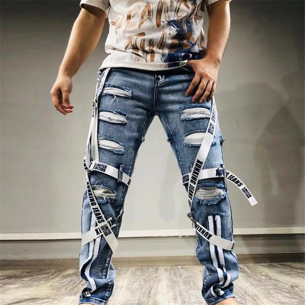 

men's jeans techwear 2022 spring mens patch webbing denim trousers foot zipper ripped hip hop vintage skinny man cargo pants, Blue