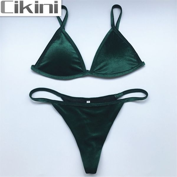 Cikini Samt Bikini Set Marke Stil Strand Badeanzug Frauen Sexy Sport Backless Einfarbig Summe 210621