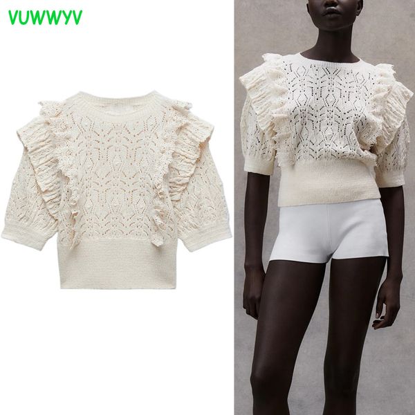 

vuwwyv vintage ruffle knitted women summer elegant jacquard ribbed sweater blouses woman short sleeve crop 210430, White