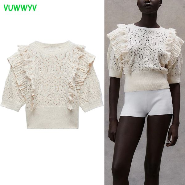 VUWWYV Vintage Ruffle Top lavorato a maglia Donna Estate Elegante Jacquard Maglione a costine Camicette Donna Manica corta Crop Top 210430