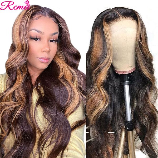 

26inch brown highlight lace front human hair wigs pre plucked colored body wave highlight wig ombre highlighted 13x1 lace frontal wig, Black