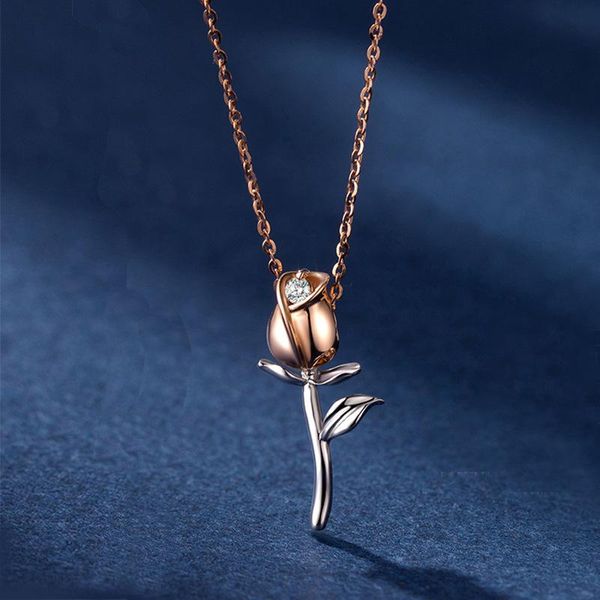 

style simple rose pendant fashion women inlay zircon silver color necklace elegant charm cocktail party jewelry necklaces