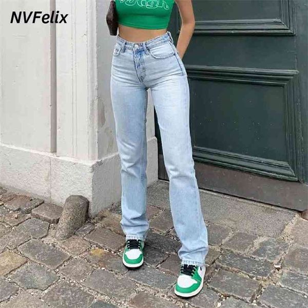 

classic straight leg jeans for women loose high waist femme trousers fashion casual blue wash cotton denim mom baggy 210825