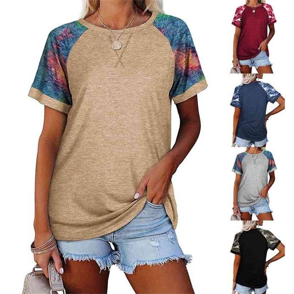 

camouflage splicing short sleeve t-shirt summer round neck solid color retro casual loose pullover women print tee 210708, White