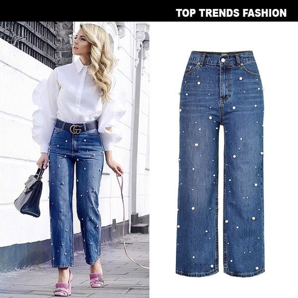 

women's high waist straight tube loose wide leg denim horn pants pearl studded micro pull jeans, Blue