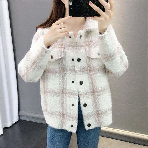 

basic women jackets lapel collar casual style office ladies outwear loose plaid coat female long sleeve cloth women's, Black;brown