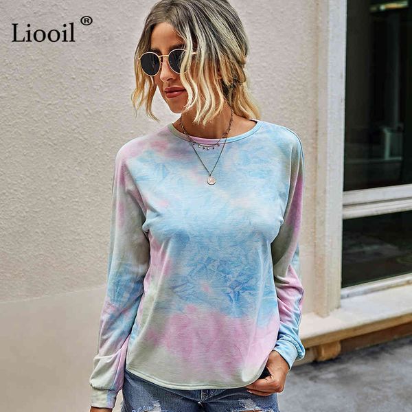 

t shirts tie dye print pullover women fall hollow out asymmetric long sleeve o neck womens casual loose t shirt and l3w6, White