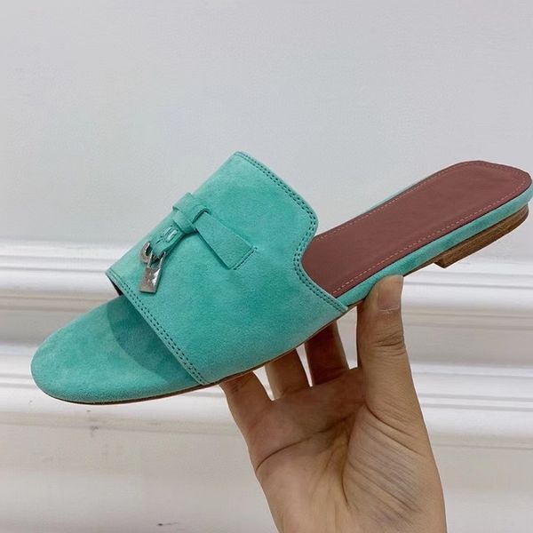 

new beach shoes real kid suede flat slippers women metal lock leisure sandals summer comfort vacation shoes lazy mules 2021, Black