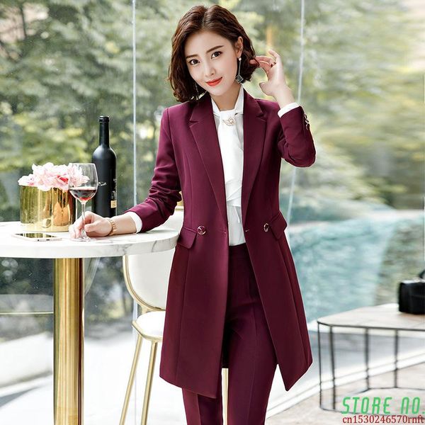 

women's two piece pants women suits office sets temperament suit two-piece professional wear autumn and winter female long jacket high, White