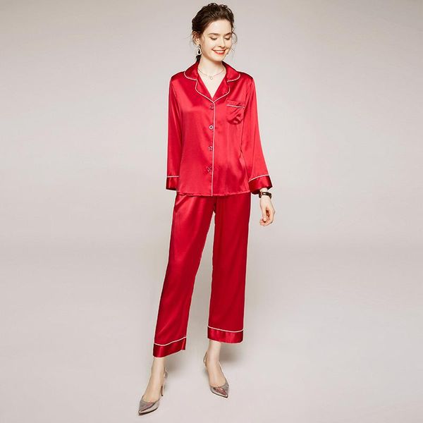 

women's silk suit turn down collar long sleeves front pocket shirt with pants fashion pajamas sleeping sets two piece, White