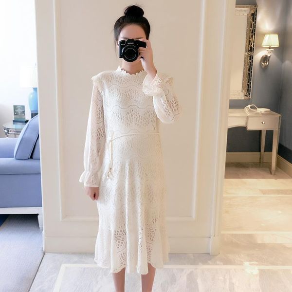 

maternity dresses 9385# dress spring autumn long sleeve lace patchwork loose stylish for pregnant women mom, White