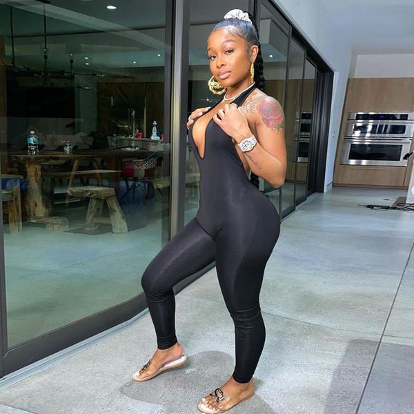 

the new listing women jumpsuit backless neck sleeveless v neck hip sports long pants rompers, Gray