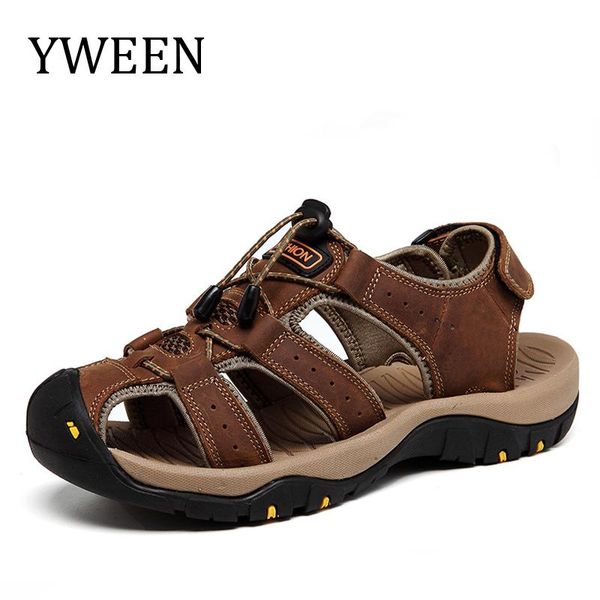 

summer men's leather sandals air breathable leisure antiskid head layer cowhide beach shoes, Black