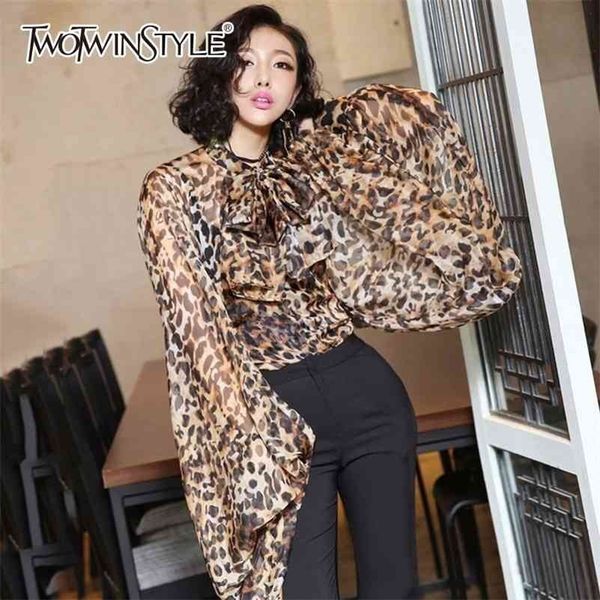

twotwinstyle leopard shirt female chiffon lace up bow lantern sleeve oversize blouse for women summer fashion clothing 210323, White