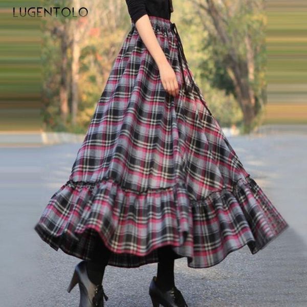

lugentolo long skirt women plus size plaid printing ruffle stitching big swing high waist autumn fashion a-line skirts, Black