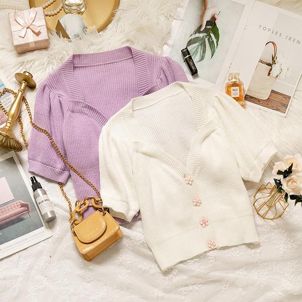 

women's knits & tees short knitted cardigan purple petal buckle loose sweater jacket 2021 summer clothing, White
