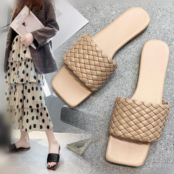 

flat shoes female woman's slippers slides square toe fashion big size 2021 beach summer luxury rubber rome pu fabric basic, Black