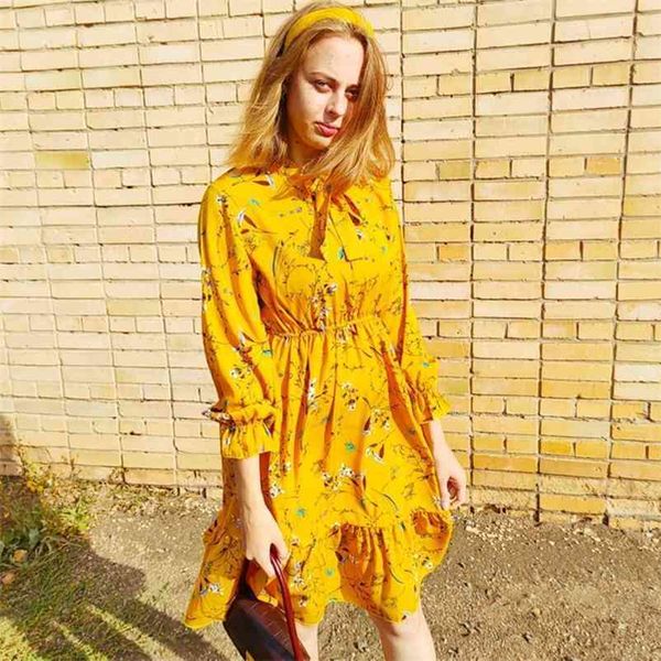 

summer polka dot floral print chiffon women's dress office lady bow neck long sleeve oversized boho ruffle stitching 210520, Black;gray