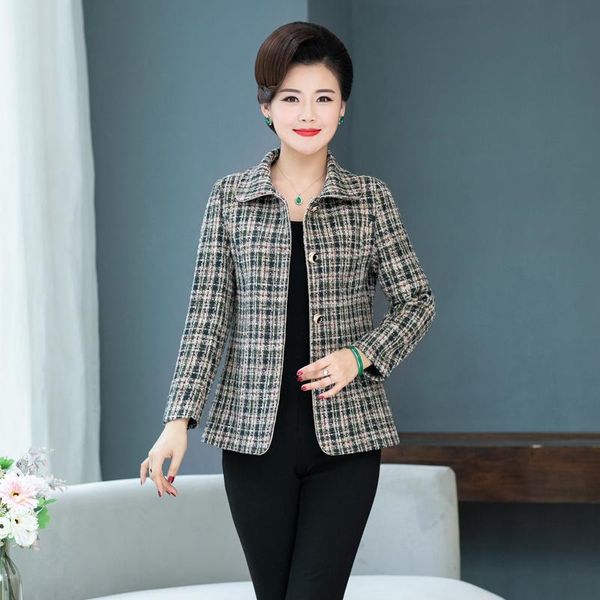 

women's jackets 2021 mother autumn plaid woolen coat clothing short slim long-sleeved outwear single breasted female casual basic jacke, Black;brown