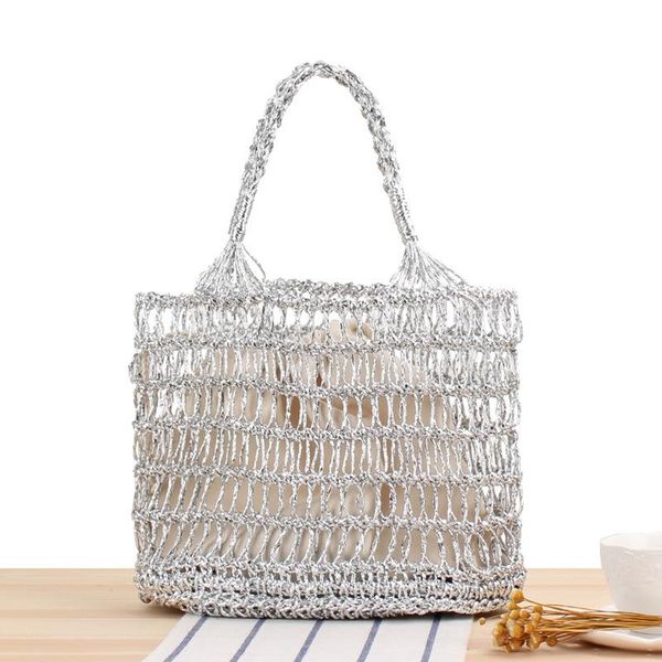 

duffel bags bag female ins gold and silver thread hollow-out hand hook woven trendy women mori fake beach portable straw