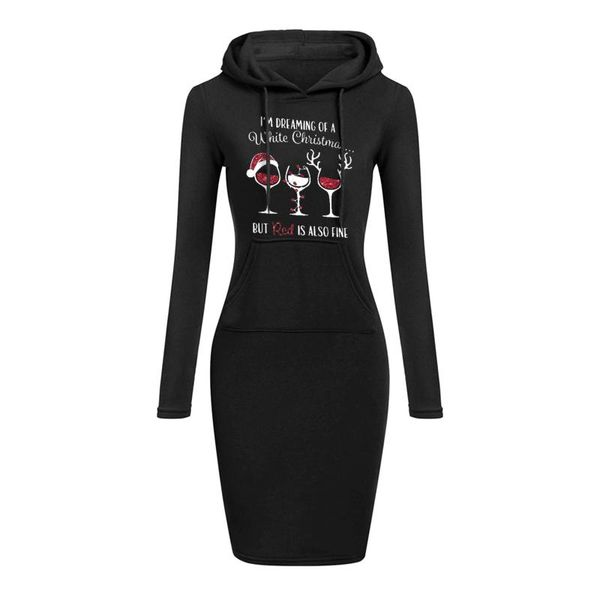 Casual Dresses 45# Herbst Hoodie Kleid Damen Weihnachtsdruck Langarm Taschenpullover Kordelzug Oansatz Vestidos