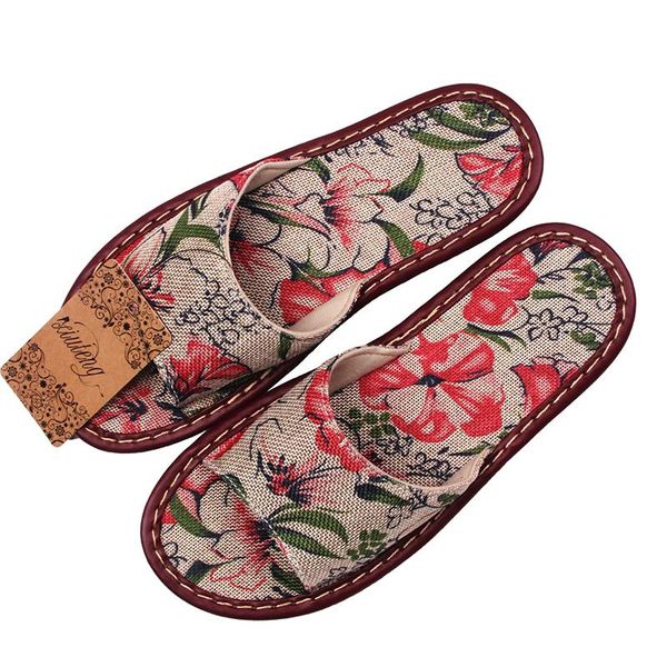 

new 2021 printed linen slippers for home family summer cow muscle heavy-bottomed women sandals indoor floor slip home flat shoes, Black