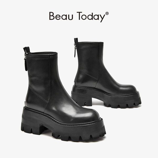 

boots beautoday ankle platform women calfskin leather round toe back zipper thick sole fashion ladies shoes handmade 03570, Black