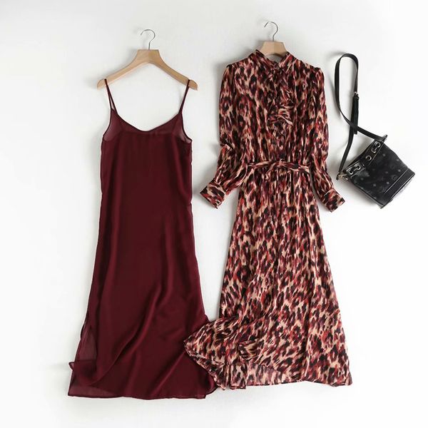 

2021za 2021 women dress leopard print chiffon mid calf dress long sleeve turn-down collar vintage dresses female ruffles vestidos, Black;gray