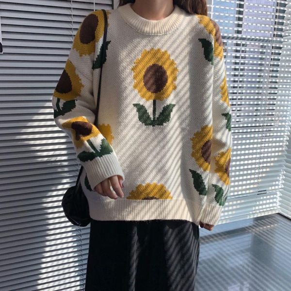 

women's sweaters korean chic fashion autumn pullovers sunflower knitted sweater women retro o neck long sleeve floral pull femme jumpe, White;black