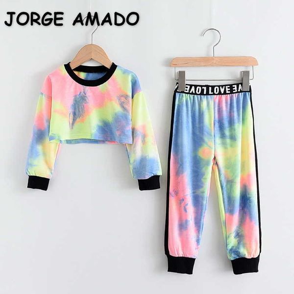 

spring teenager girls 2-pcs sets colorful sweatershit + letters high waist pants children clothes e1505 210610, White