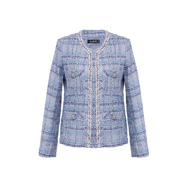 Giacche corte classiche primaverili e autunnali Abbigliamento firmato Cardigan a reticolo blu reale Giacca da donna Abbigliamento da donna Cappotto di moda Capispalla elegante e confortevole