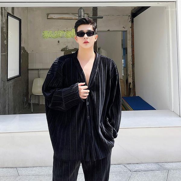 

men's casual shirts menswear pleated fabric shirt coat men streetwear vintage fashion loose oversize male korean harajuku man, White;black