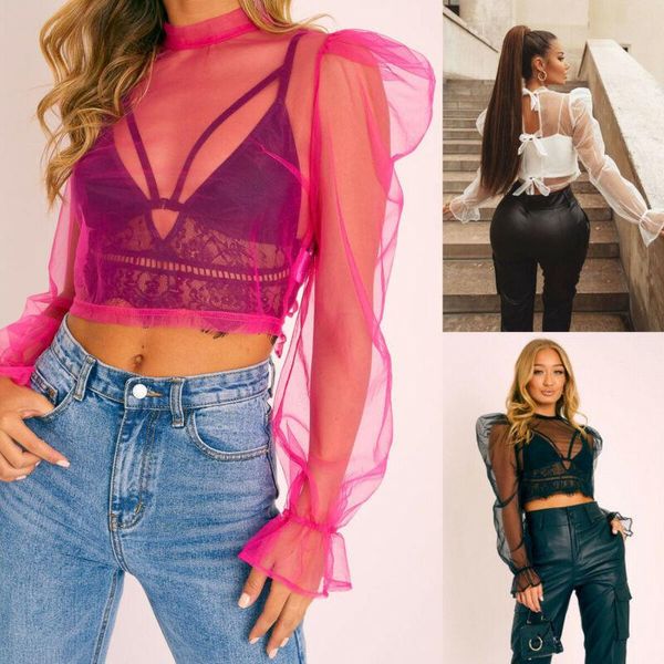 

women's blouses & shirts women sheer summer see through mesh long sleeve ladies blouse casual shirt, White