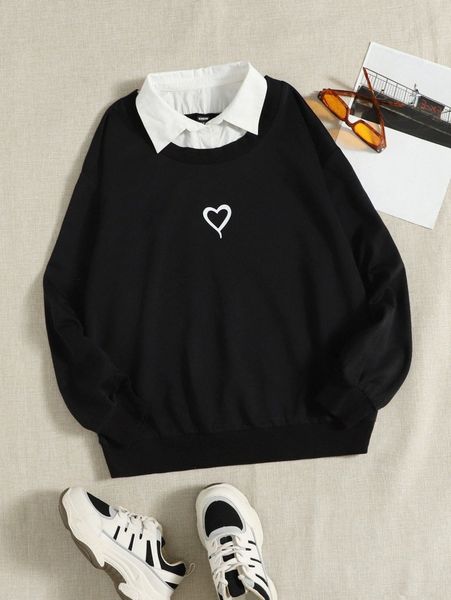 

colorblock heart print contrast collar sweatshirt a2h2#, White;black
