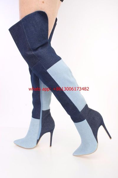 

boots real pos plus size stitching blue jean over knee woman high heel women the denim, Black