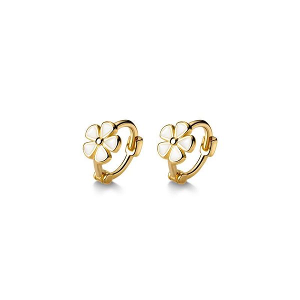 

hoop & huggie 1pair authentic real 100% 925 sterling silver fine jewelry white enamel daisy flower earrings cute for child, Golden;silver