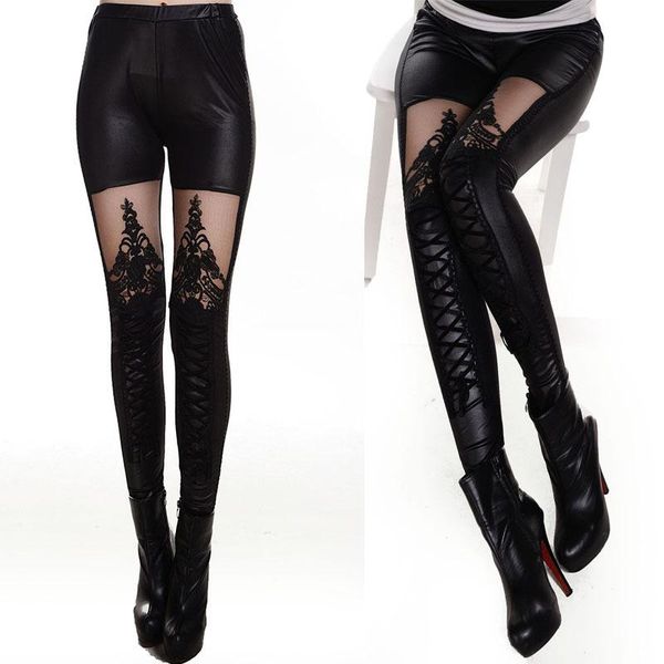 

women's leggings autumn style punk lace embroidery binding leather stitching nine-point pants sexy, Black