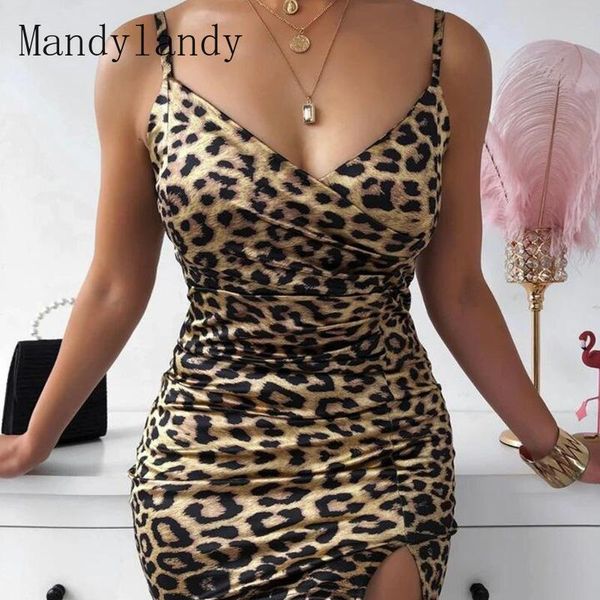 

mandylandy women's leopard print dress summer elegance sleeveless spaghetti strap v-neck pleated slit dress, Red
