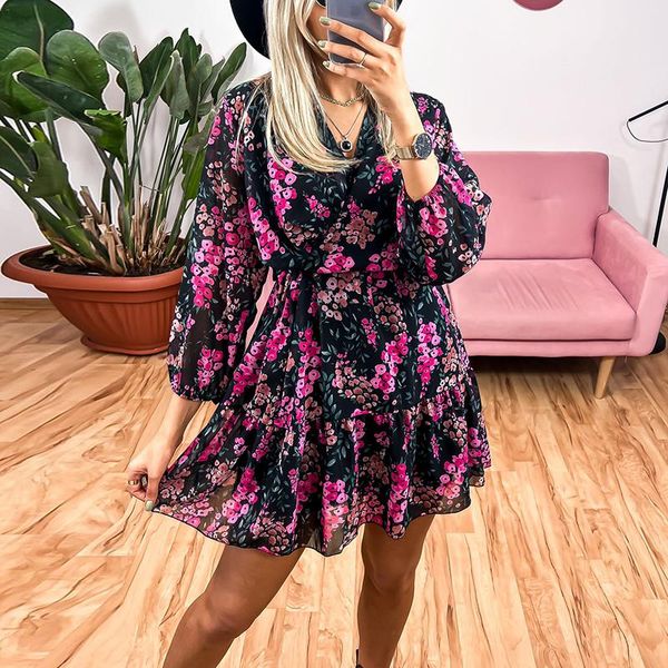 

casual dresses autumn winter 2021 bohemian floral print dress women's v neck long sleeve a-line chiffon female vestidos est, Black;gray