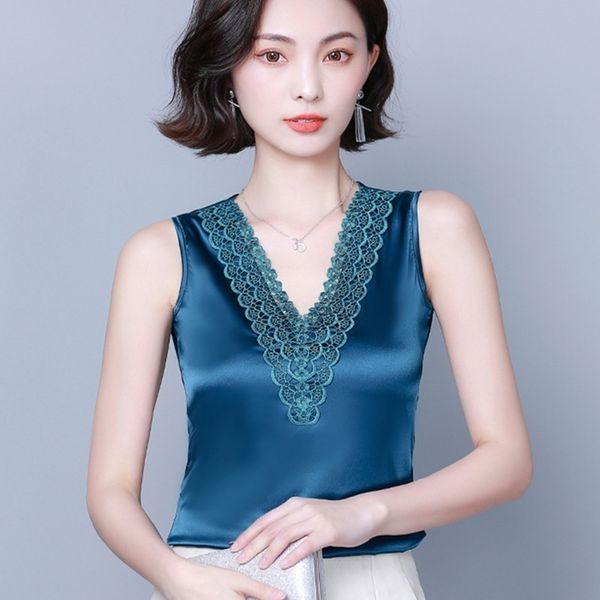 

korean silk women woman satin camisole women embroidery lace tank woman sleeveless silk tank plus size camis 210319, Black