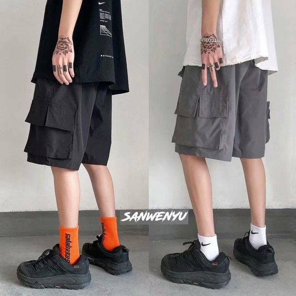 

fashion trend straight work casual pants men's shorts loose wide leg, White;black