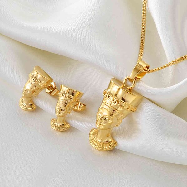 

anniyo egyptian queen nefertiti sets pendant necklace stud earrings african jewelry gold color whole jewellery gifts #240506, Silver