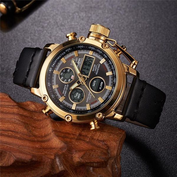 

wristwatches oulm men sport watches digital led military army watch multifunction waterproof genuine leather wristwatch relogio masculino, Slivery;brown
