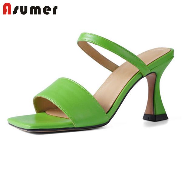 

slippers asumer 2021 genuine leather shoes women slipper simple thin high heels ladies party woman, Black