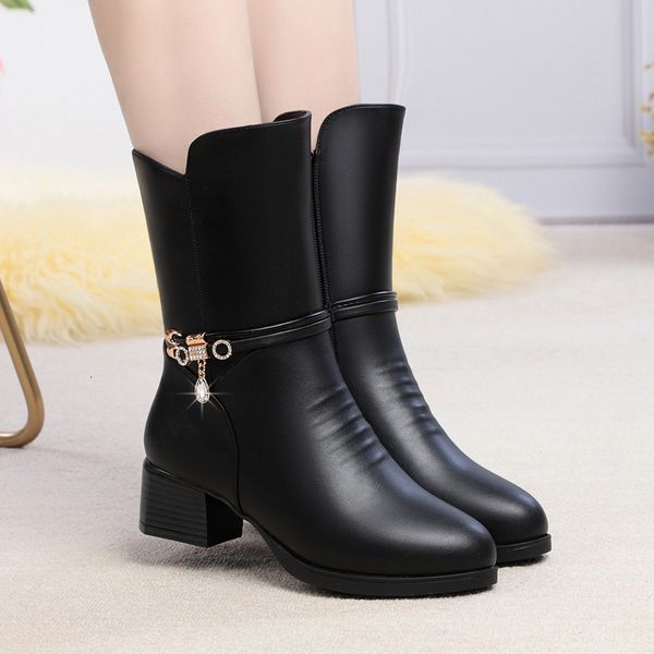 

m's boots, heeled cotton winter middle-aged and elderly women's sho, thick heels, plush warm medium, Black