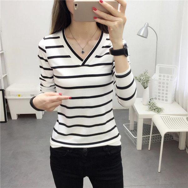 

women's t-shirt 2021 spring large v-neck female stripe long sleeve t shirt women loose bottoming top, White