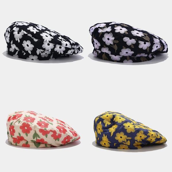 

autumn winter japanese literature art small fresh flower embroidered beret 4 color berets, Blue;gray
