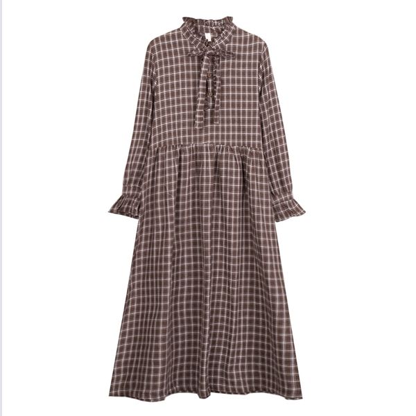 

brown plaid long sleeve stand collar bow midi dress autumn d0628 210514, Black;gray