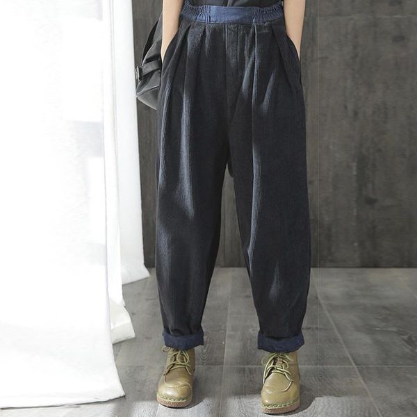 

women's pants & capris plus size winter long solid patchwork corduroy trouser autumn women casual elatic waist loose harem pantalon fem, Black;white
